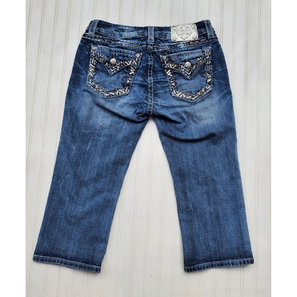 Miss Me Signature Crop Jeans Womens 32 Medium Wash Studded Embellished Bling - Picture 6 of 9